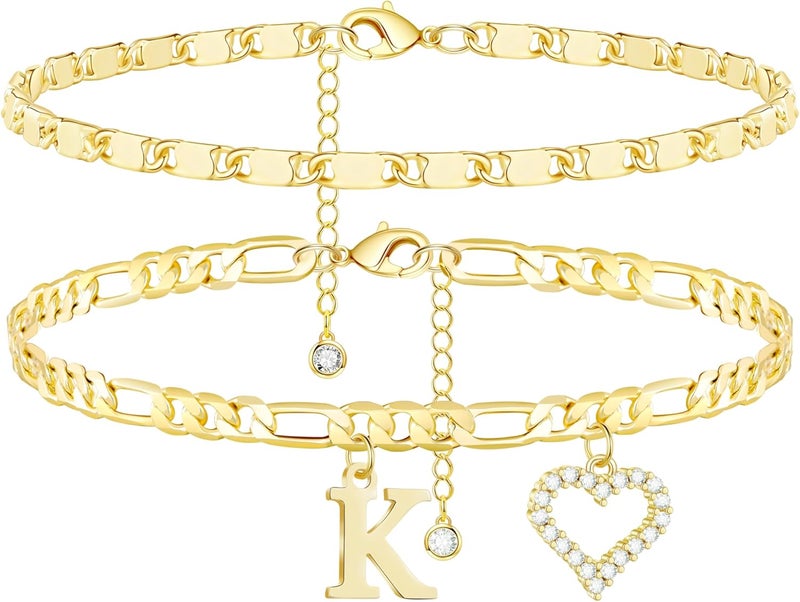 Wremily Initial Ankle Bracelets for Women Waterproof 14K Gold Plated Dainty Layered Figaro Chain Letter Initial CZ Heart Ankle Bracelets Set Summer Beach Jewelry for Women - Image 1